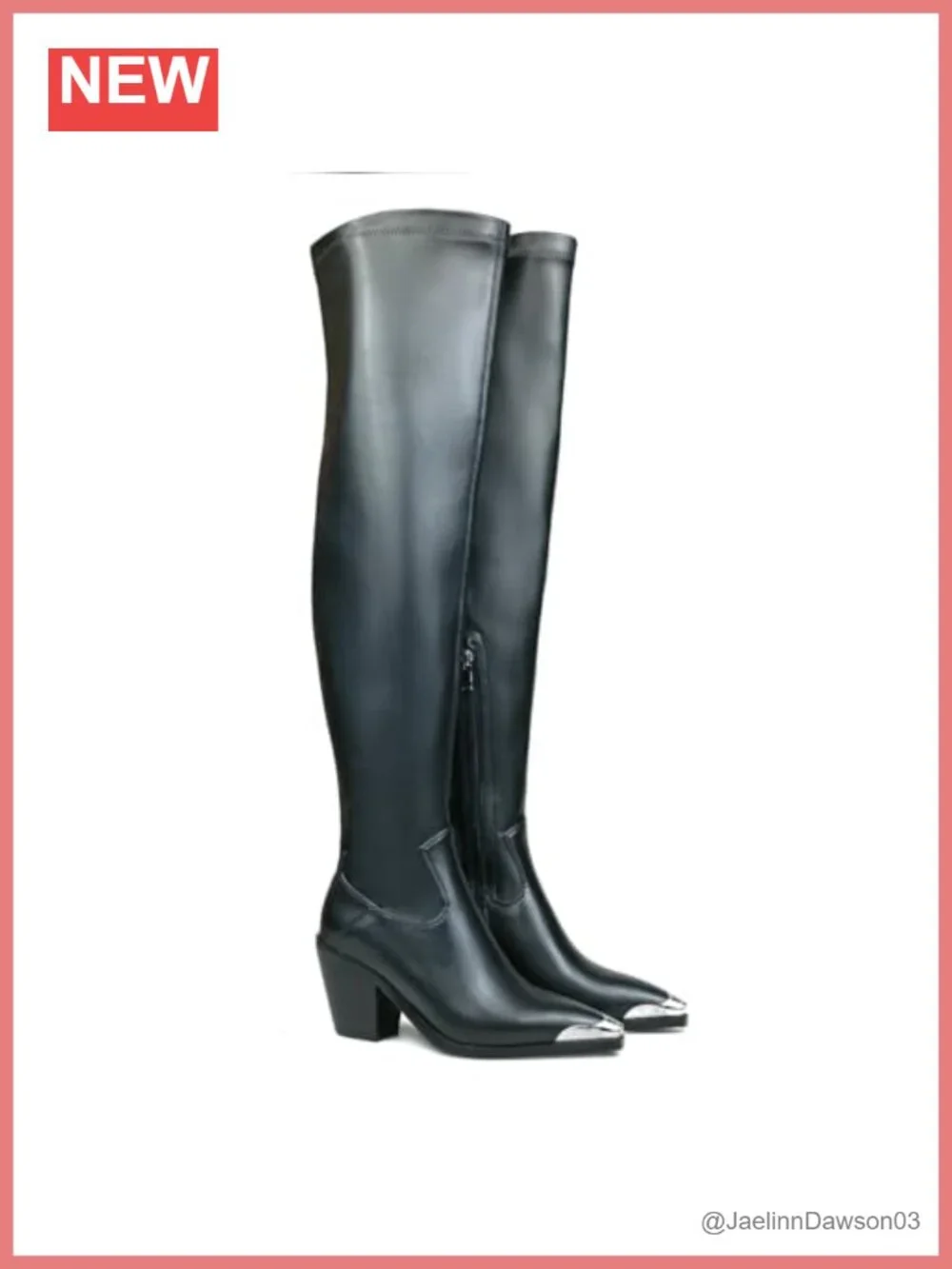 Faux Leather Thigh High Chunky Heel Boots Pointed Toe Side Zipper Women's